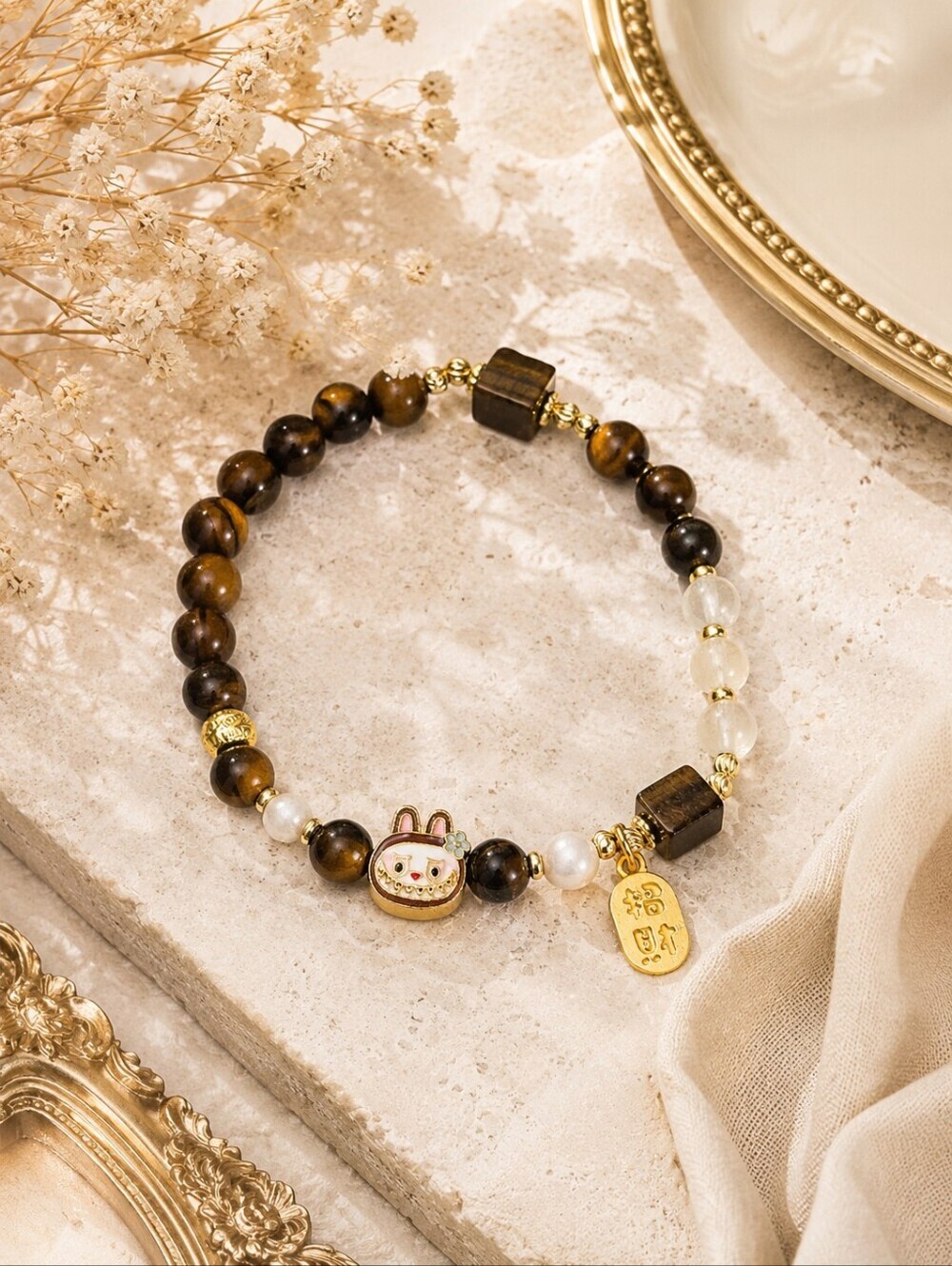 Labubu Tiger Eye Pearl Beaded Charm Bracelet Gold Tone Stretch Bracelet